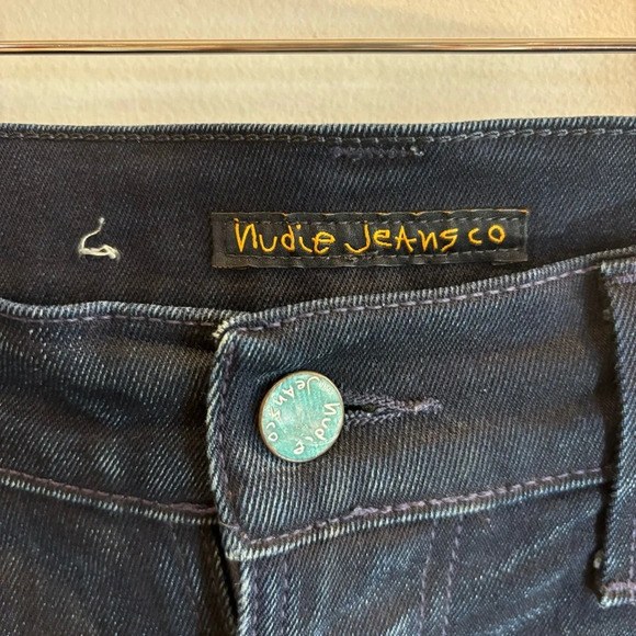 NUDIE Sz 33 x 34 Jeans Thin Finn Dark Shine Slim Dark Wash Wiskering Denim - Picture 5 of 13